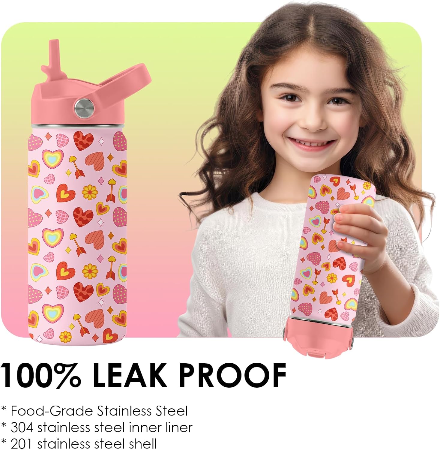 Skiennix Heart Pattern Kids Water Bottle - 16 Oz Stainless Steel Insulated Tumbler, Leak Proof, BPA-Free, Perfect for School & Travel