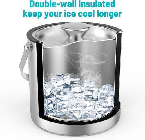 3L Stainless Steel Ice Bucket, Double Wall Insulated Ice Bucket with Lid, Drain Plate, Scoop, Tong for Parties Cocktail Bar