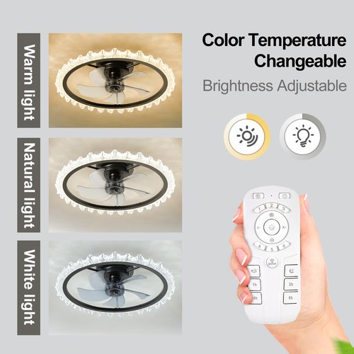 FTZVRD Ceiling Fans with Lights, 24 Inch Ceiling Fan with Light and Remote, Low Profile, Reversible, Dimmable LED, Flush Mount, DC Motor, Fandelier Black Ceiling Fan for Bedroom, Kitchen, Office