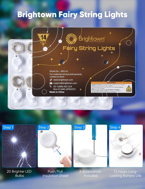 Brightown 14-Pack LED Fairy Lights - Battery Operated Waterproof Silver Wire | 7ft String Lights for DIY Decor