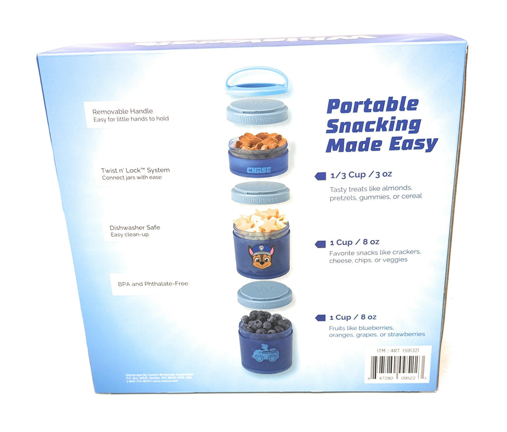Whiskware Stackable Snack Containers for Kids and Toddlers, 3 partable snacking made easy for School and Travel, nickelodeon paw patrol