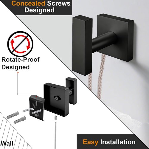 Matte Black Towel Hooks for Bathrooms, SUS304 Stainless Steel Shower Towel Hooks, Heavy Duty Robe Hook for Bathroom Kitchen, Square Coat Hooks for Hanging Towels,Coat,Robe&Sponge, Wall Mounted, 4Pack