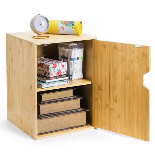 Fasmov 2 Tiers Cube Storage Organizer, Bamboo Bookshelf, Display Bookcase, Storage Cube Cubby Organizer with Door, Stackable Cubes Bin Small Cabinet for Bedroom, Home and Office