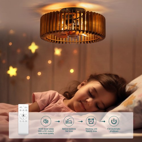 Padxpouo Farmhouse Fandelier Ceiling Fan with Light Flush Mount Caged Ceiling Fans with Light and Remote Wooden Low Profile Bladeless Ceiling Fan for Bedroom, Kitchen,Foyer(Enclosed,6 Speed, Timing)