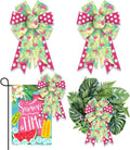 Estivaux Summer Wreath Bows - Green & Pink Burlap with Hawaiian Flamingos | 2-Piece Set for Beach & Pool Party Decor