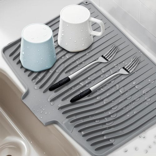 Silicone Dish Drying Mat for Kitchen Counter, Dish Drainer Mat, Non-Slip Drying Pad with Built-in Drain, Kitchen Drying Matt For Counter(18.9" x 11.8", Gray)