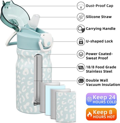 BJPKPK Insulated Water Bottle - 14oz Stainless Steel Flask with Straw & Leak-Proof Lid | Light Blue Leopard