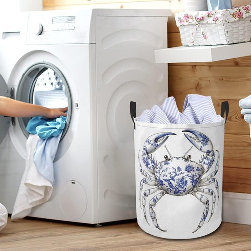 Chinoiserie Crab Laundry Basket Foldable Laundry Hamper with Handles Clothes Storage Bin for Household Bedroom Bathroom Dorms 17.3"x13.6"