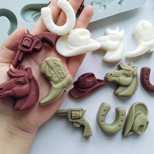 Japleed 2 Pack Cowboy Chocolate Molds, Western Themed Silicone Fondant Jelly Cupcake Cake Decoration Molds, Unique Cowboy Hat Boot Horse Shape Candle Soap Wax Epoxy Resin Mold for Crafts Baking Tool