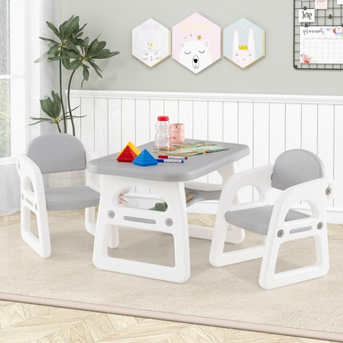 HONEY JOY Kids Table and Chair Set, Plastic Children Activity Table and 2 Chairs w/Building Blocks, Storage, for Art Craft, Toddler Table and Chair Set for Daycare Playroom, Gift for Boys Girls (Gray)