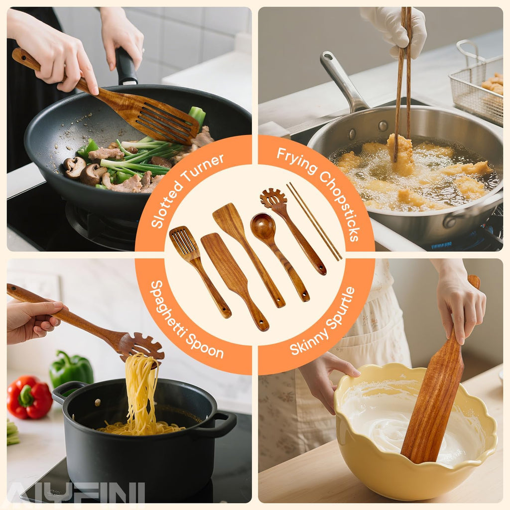 Skiennix Non-Toxic Wooden Kitchen Utensils Set - 15.4" Long Handle Spatula, Ladle, Spoon & Holder