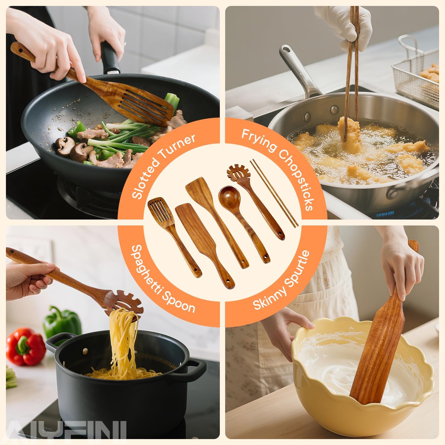 Skiennix Non-Toxic Wooden Kitchen Utensils Set - 15.4" Long Handle Spatula, Ladle, Spoon & Holder