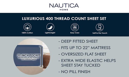 Nautica - King Sheets, Cotton Sateen Bedding, 400 Thread Count, Silky Smooth & Wrinkle Resistant (Regatta Navy, King)