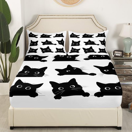 Feelyou Black Cat Bed Sheet Set for Kids Boys Girls Cute Kitten Print Bedding Set 1 Flat Sheet + 1 Fitted Sheet + 2 Pillowcases Queen Size