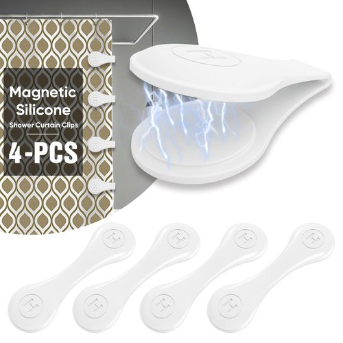 4 Pack Magnetic Silicone Shower Curtain Clips for Keeping Liner Closed to Wall Against Water Splashing Out, Self Adhesive Windproof Splash Holder, Easy to Use & Install, No Damage to Surface (White)