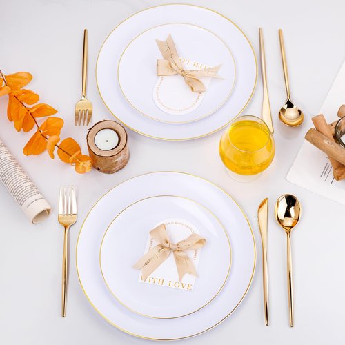 U-QE 180Pcs Gold Plastic Knives, Disposable Heavy Duty Plastic Silverware, Heavyweight Knives, Gold Flatware Perfect For Parties, Weddings and Everyday Use