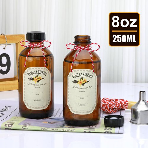 YINGERHUAN 8oz Glass Vanilla Extract Bottles,10 Pack Round Amber Glass Boston Bottles with Caps ， Stickers and Funnel ，Applicable to Essential Oils, Wedding, Christmas