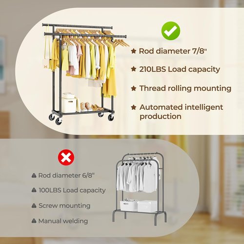 HYSEYY Rolling Clothes Rack - Sturdy Metal Garment Rack for Bedroom & Laundry | Portable Black Wardrobe