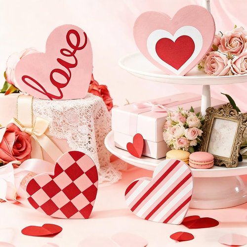 Cherica Valentines Day Decorations Wooden Signs，Heart Shaped Decor for Galentines,Romantic Valentines Day Decortions for Home,Tiered Tray,Shelf,Mantel,Party in 4 Styles