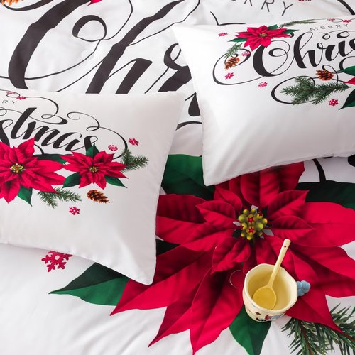 GRAT TIOC Christmas Comforter Queen,Xmas Bedding Set Set,Red Poinsettia Flowers Comforter Merry Christmas Bed Bedroom Set Home Decor for Kids Girls Women White