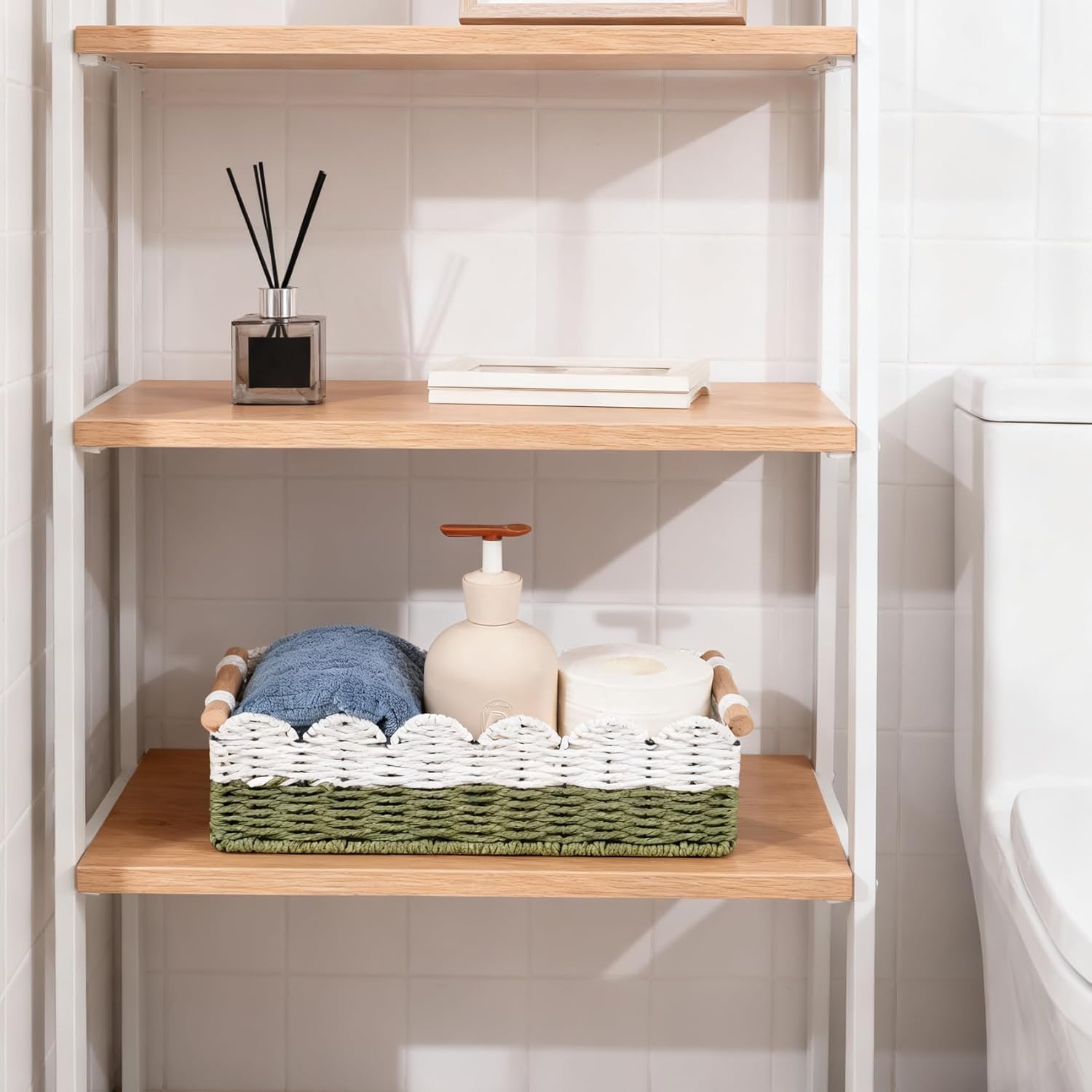 Regine Switzerland Scalloped Edge Toilet Paper Storage Basket - Handwoven Paper Rope for Stylish Bathroom Decor | Includes 2 Wooden Handles