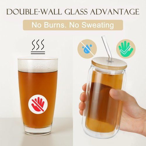 LIBWYS 12oz Double Wall Drinking Glass Cups with Bamboo Lids and Straws, 2 Pc Set – Condensation Resistant Insulated Glass Can Tumblers for Cold Drinks, Iced Coffee, Tea, Juice, Cleaning Brush