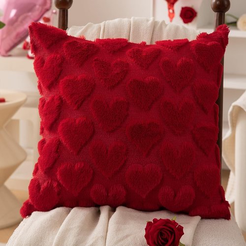 Valentines Day Pillow Covers 18x18 Inch, Red Heart Love Pillows Cover Valentine Decorations for the Home, Faux Fur Plush Throw Pillows Cover for Couch, Gift for Girlfriend Lover Mother, Set of 2