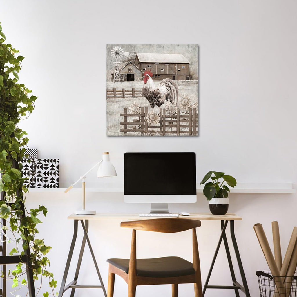 WELMECO Chichen Farmhouse Wall Art Rooster Painting Country Wall Decor Framed Artwork Farm Decor Picture 24x24inch