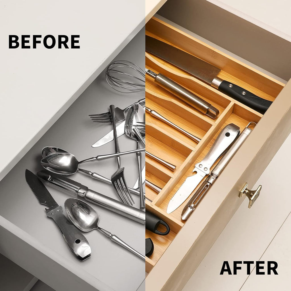 Skiennix Expandable Bamboo Kitchen Drawer Organizer - Adjustable Cutlery Tray for Flatware | Natural Finish