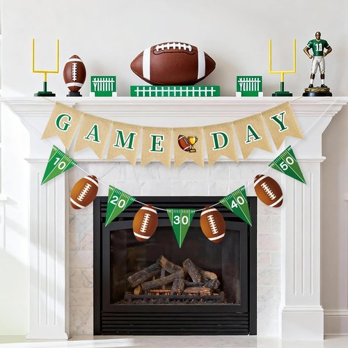 Football Burlap Banner Garland - NO DIY Game Day Banner Pre-Strung Football Birthday Banner Garland Triangle Flags Banners for Football Birthday Party Decorations Indoor and Outdoor