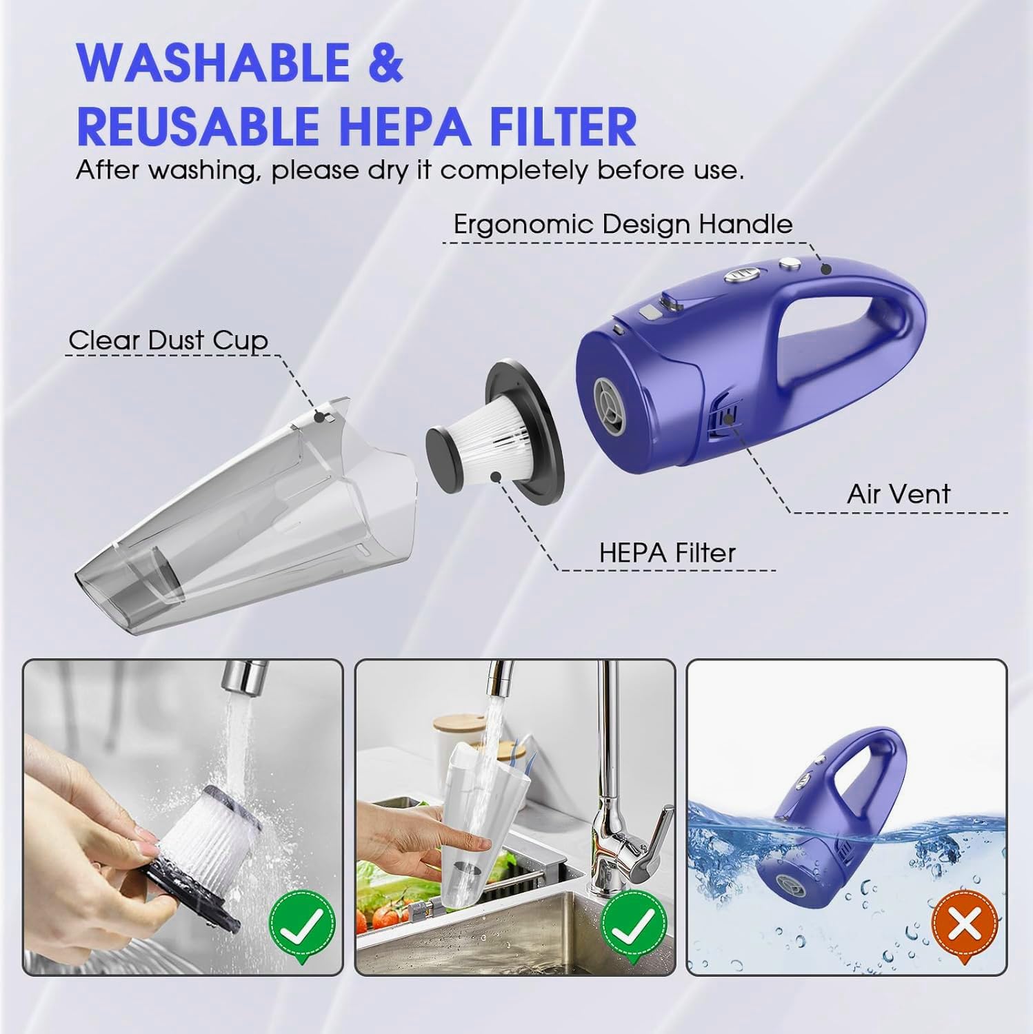 YOOHI Cordless Handheld Vacuum – 6000Pa Mini Cleaner with LED Light, 20-25 Min Runtime, USB Charging, 500ML Capacity