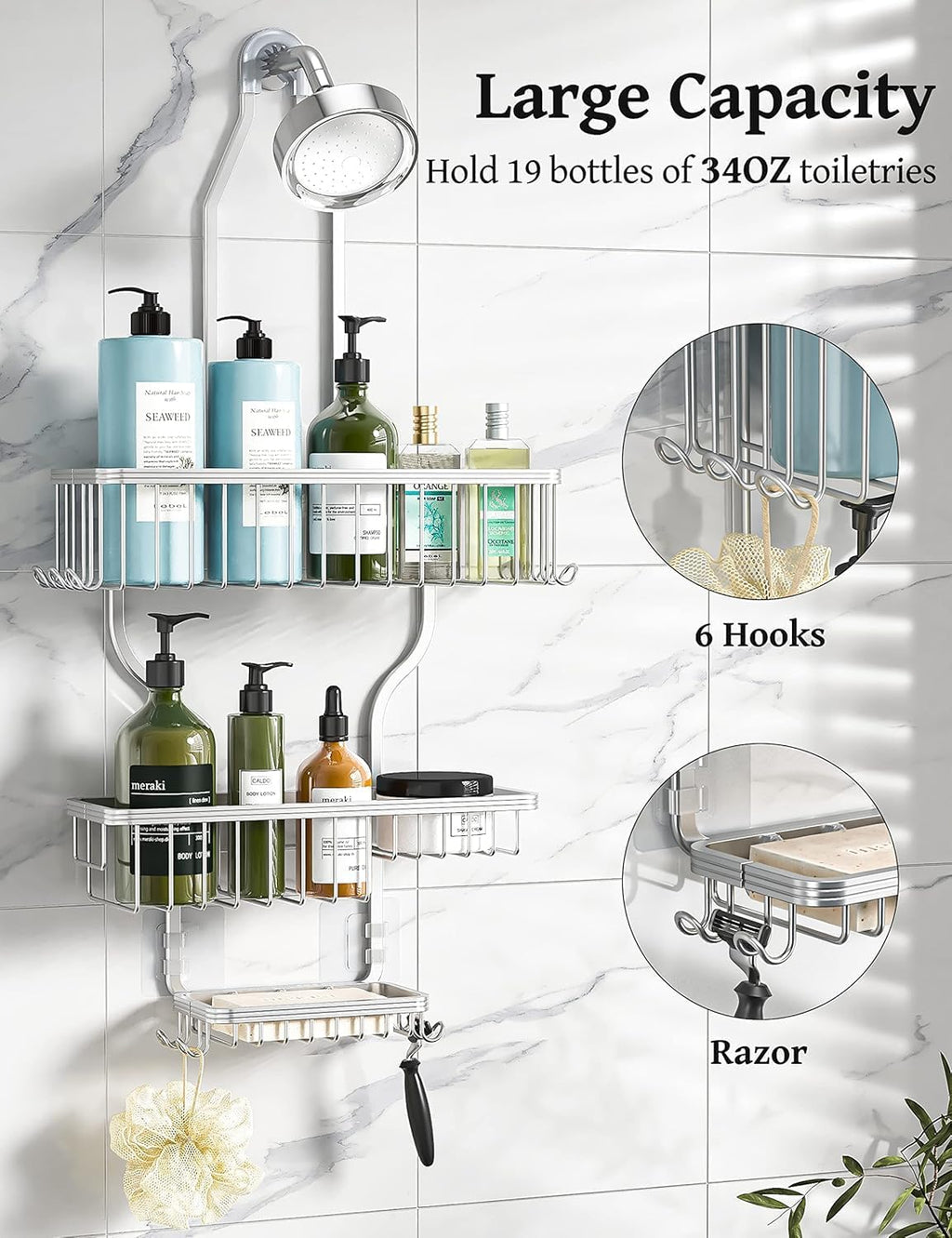 YASONIC Shower Caddy - Rust-Resistant Aluminum Organizer with 10 Hooks & Soap Basket - Silver