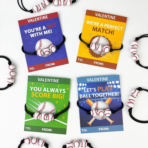 Baseball Valentines Day Classroom Exchange Gifts for Kids,30 Pack Sports Bracelets with Cards for Boy Girl,Valentine Non Candy Treats Party Favors Goodie Bag Stuffers,School Prizes for Toddler Student