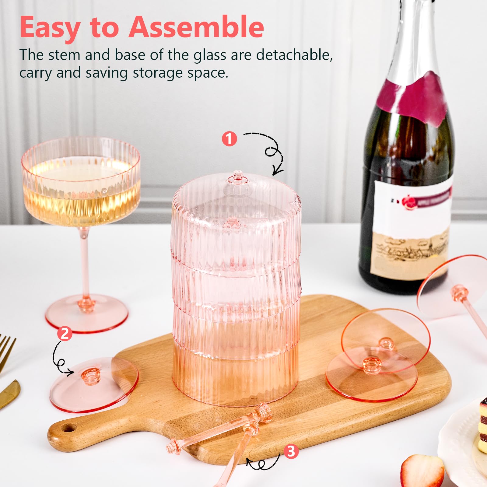 ZOMUIA Ribbed Coupe Glasses 16 Pcs, 10 oz Plastic Champagne Coupe Detachable Acrylic Cocktail Glasses Plastic Martini Glasses for Bar, Wine, Dessert, Cocktail Glassware(Pink)