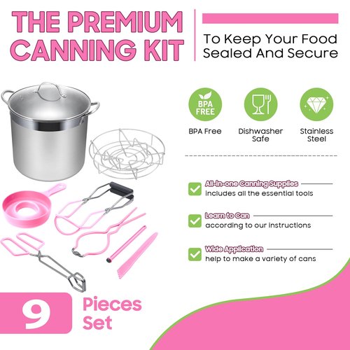 HOMKULA Stainless Steel Canning Pot with Rack and Lid, Large Water Bath Canner, Full Home Canning Supplies Starter Kit, Compatible with Induction and Glass Top Stoves (Pink)