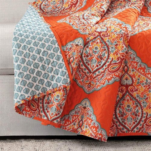 Lush Decor Harley Reversible Throw - 50" W x 60" L, Tangerine Modern Bohemian Paisley Print Quilted Blanket - Boho Throw for Bed, Couch, Or Chair