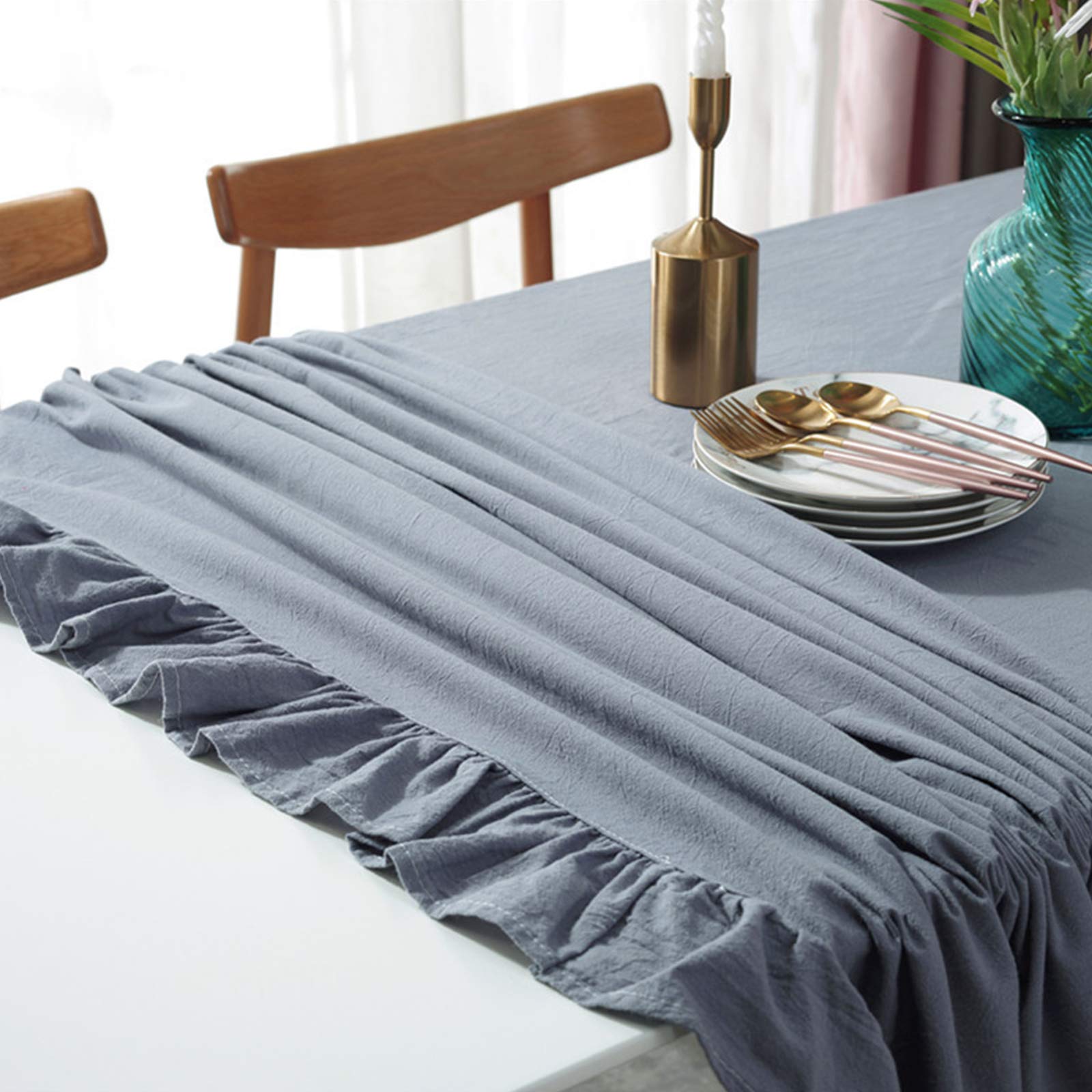 rismart Ruffle Rectangular Linen Table Cloth Cover Tablecloth Blue,140 x 180 cm