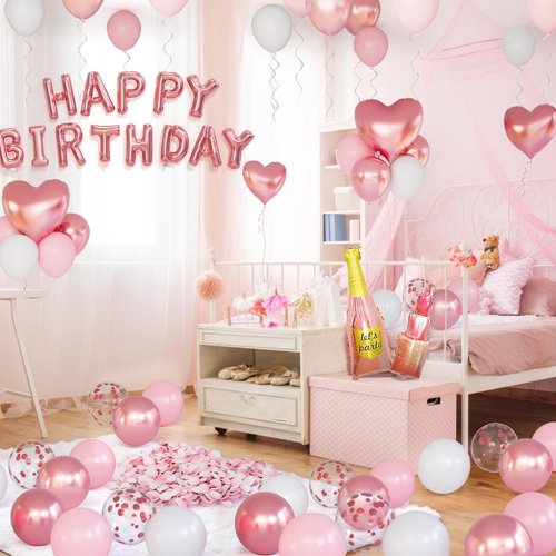 Rose Gold Happy Birthday Decorations for Women Pink and Rose Gold Biirthday Balloons Letters Banner with Heart-Shaped Champagne Bottle Lipstick Balloons Rose Petals for Room Birthday Party Decor