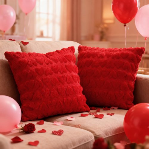 Dqwtb Valentines Pillow Covers Set of 2 18x18 Inch Red Heart Love Decorative Throw Pillows Soft Plush Fabric Hidden Zipper for Valentines Day Bedroom Sofa Holiday Home Decor