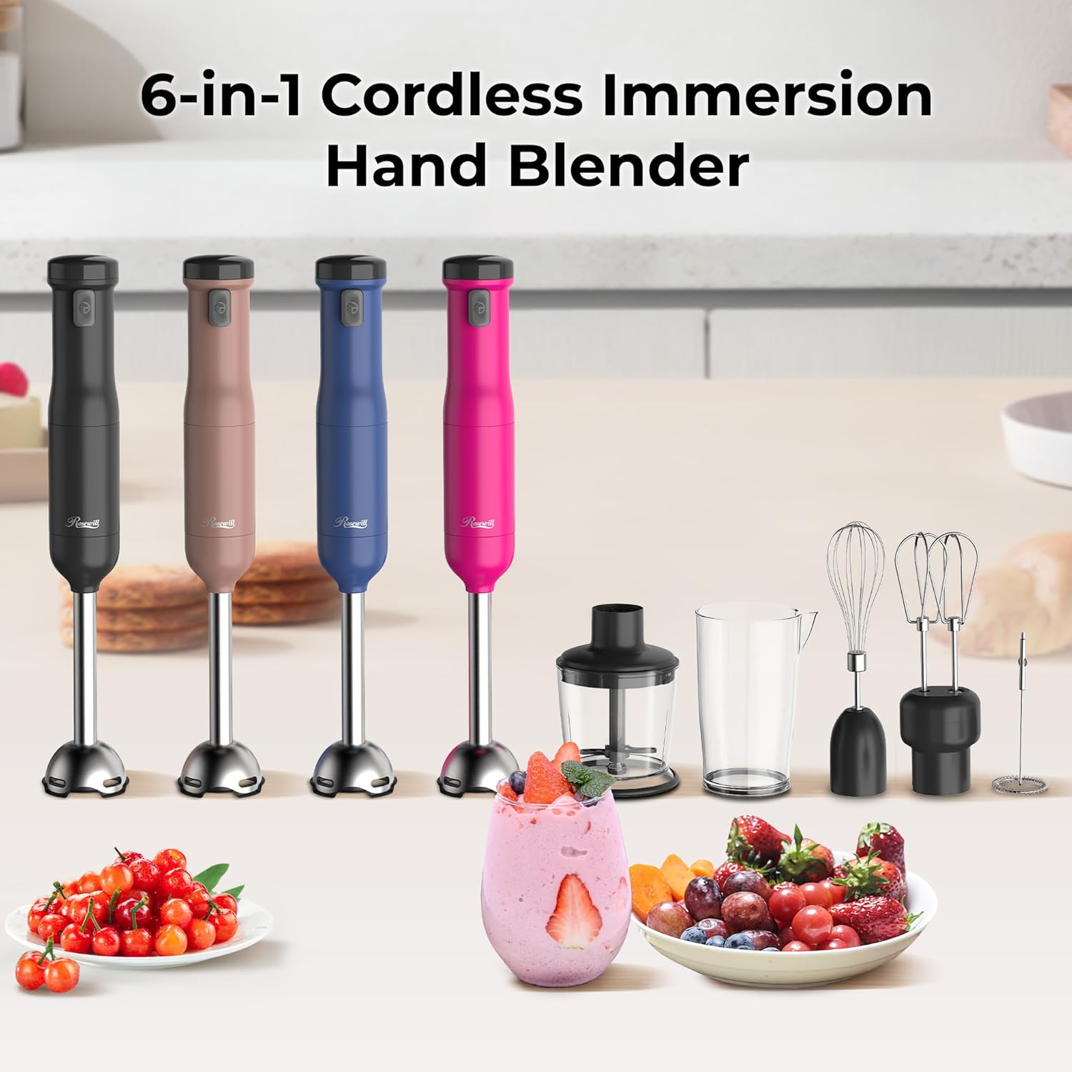 Rosewill 6-in-1 Cordless Immersion Hand Blender - Multi-Speed Heavy Duty Motor for Smoothies, Baby Food & Soup - Blue