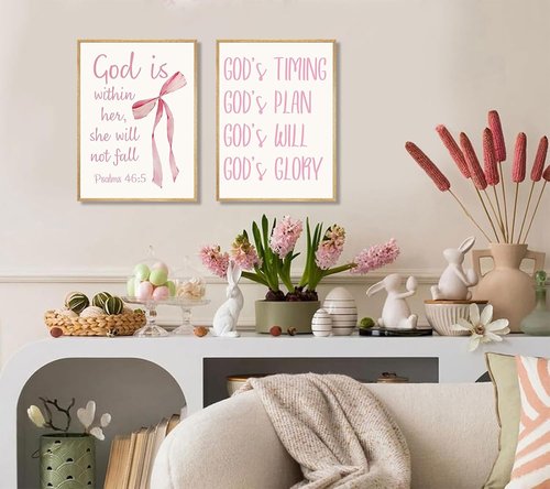 Coquette Pink Bow Canvas Wall Art - Inspirational Bible Verses for Girls' Room Decor | 12"x16" Unframed