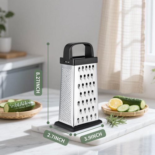 Cheese Grater, 8 IN Size 4-Sided Stainless Steel Grater, Food Shredder for Cheese, Parmesan, Vegetable, Dishwasher Safe, Black