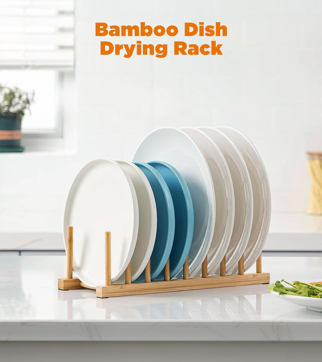 RISHTEN Bamboo Dish Drying Rack, 2 Pack Wooden Storage Holder Organizer for Plate/Bowl/Cup/Book/Pot/Lid/Cutting Board Drying Rack Stand Holder