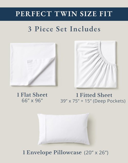 LANE LINEN 100% Organic Cotton Twin Sheets Set - Soft, Breathable Percale Bedding for Dorm Rooms | White, 3-Piece Set