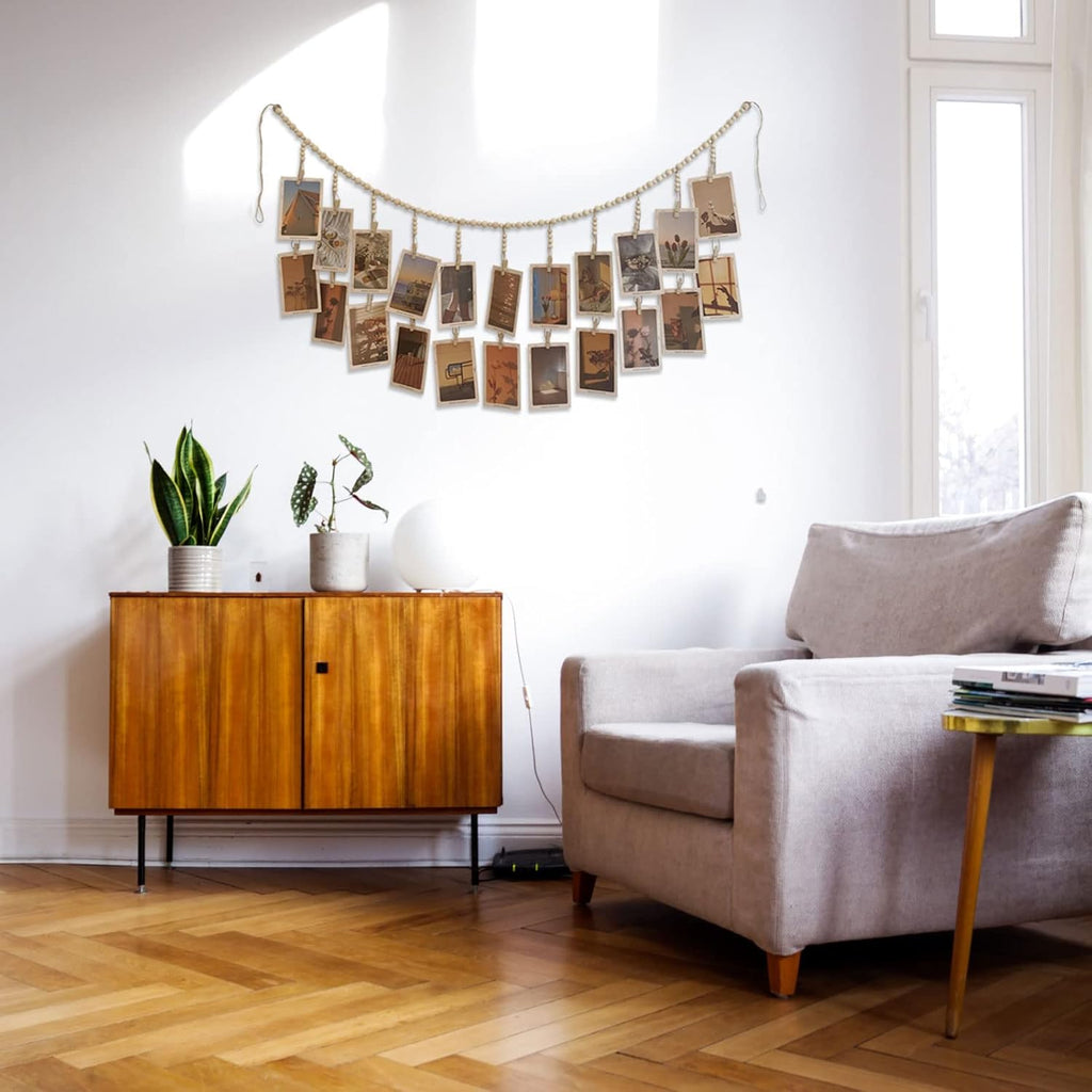 Wooden Bead Garland Photo Display by [Brand Name] - Boho Style Hanging Collage with 22 Clips for Dorms & Bedrooms