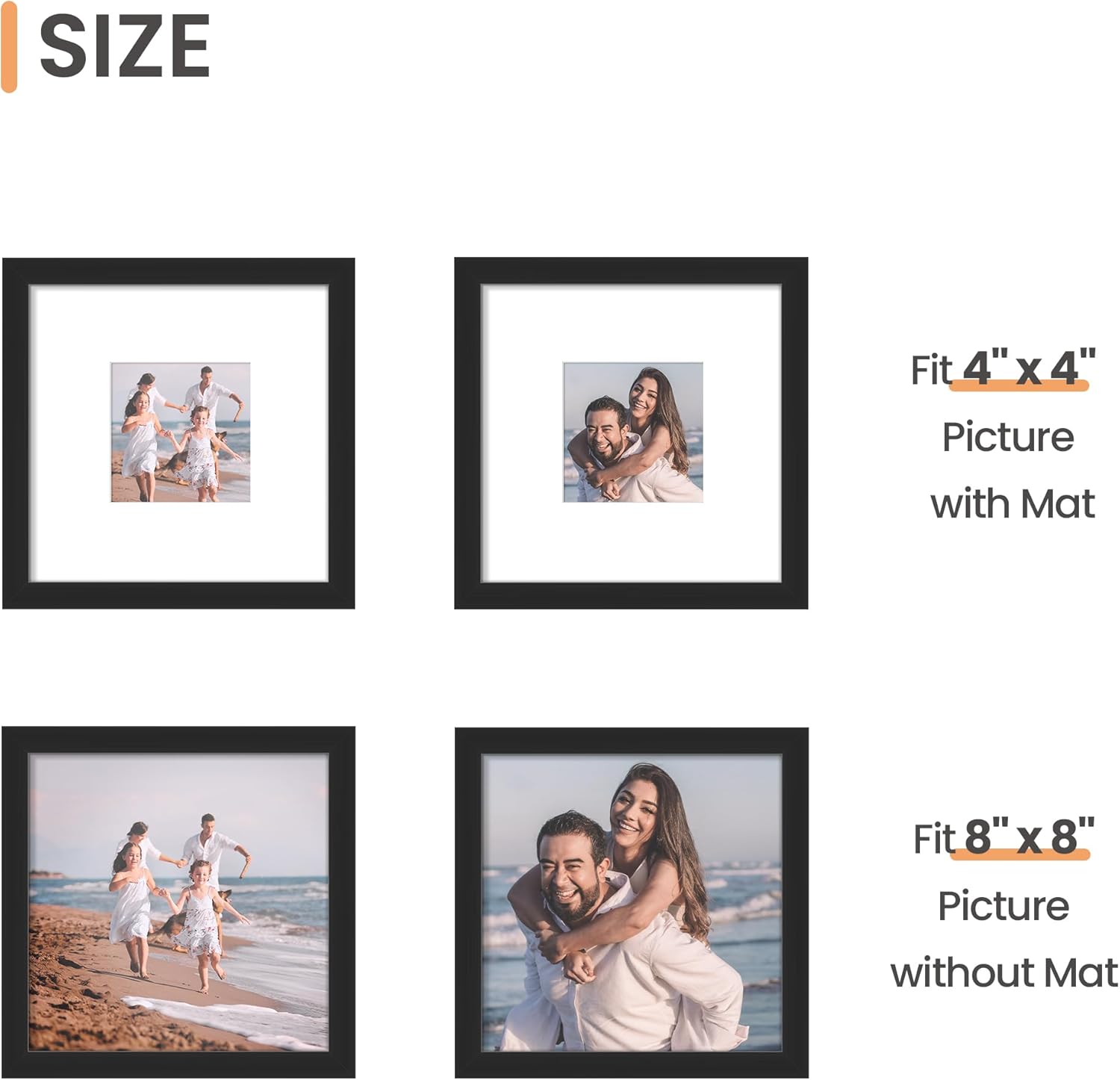 Upsimples 8x8 Picture Frame - Versatile Display for 4x4 or 8x8 Photos | Stylish Black Wall Hanging Frame