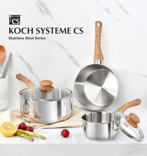 KOCH SYSTEME CS Stainless Steel Saucepan Set with Steamer, 18/10 Stainless Steel Pots 1QT& 2QT & 3QT, Sauce Pan Set with Cool-Touch Handles, Tri-Ply Steel Base, Induction Compatible Pots