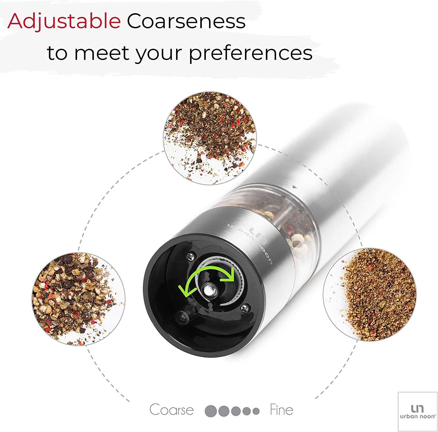 Urban Noon Electric Salt and Pepper Grinder Set (2 Mills, 8.1" Tall) - One-Handed Push-Button Mills with LED Light, Adjustable Ceramic Coarseness, Gift-Ready Box, 1-Year Warranty - Stainless Steel