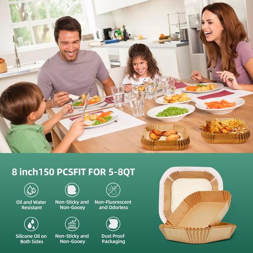 Air Fryer Paper Liners, 150 PCS Non stick Oil Resistant Air Fryer Parchment, 8 Inch Disposable Food Grade Free Of Bleach Square Parchment Baking Paper