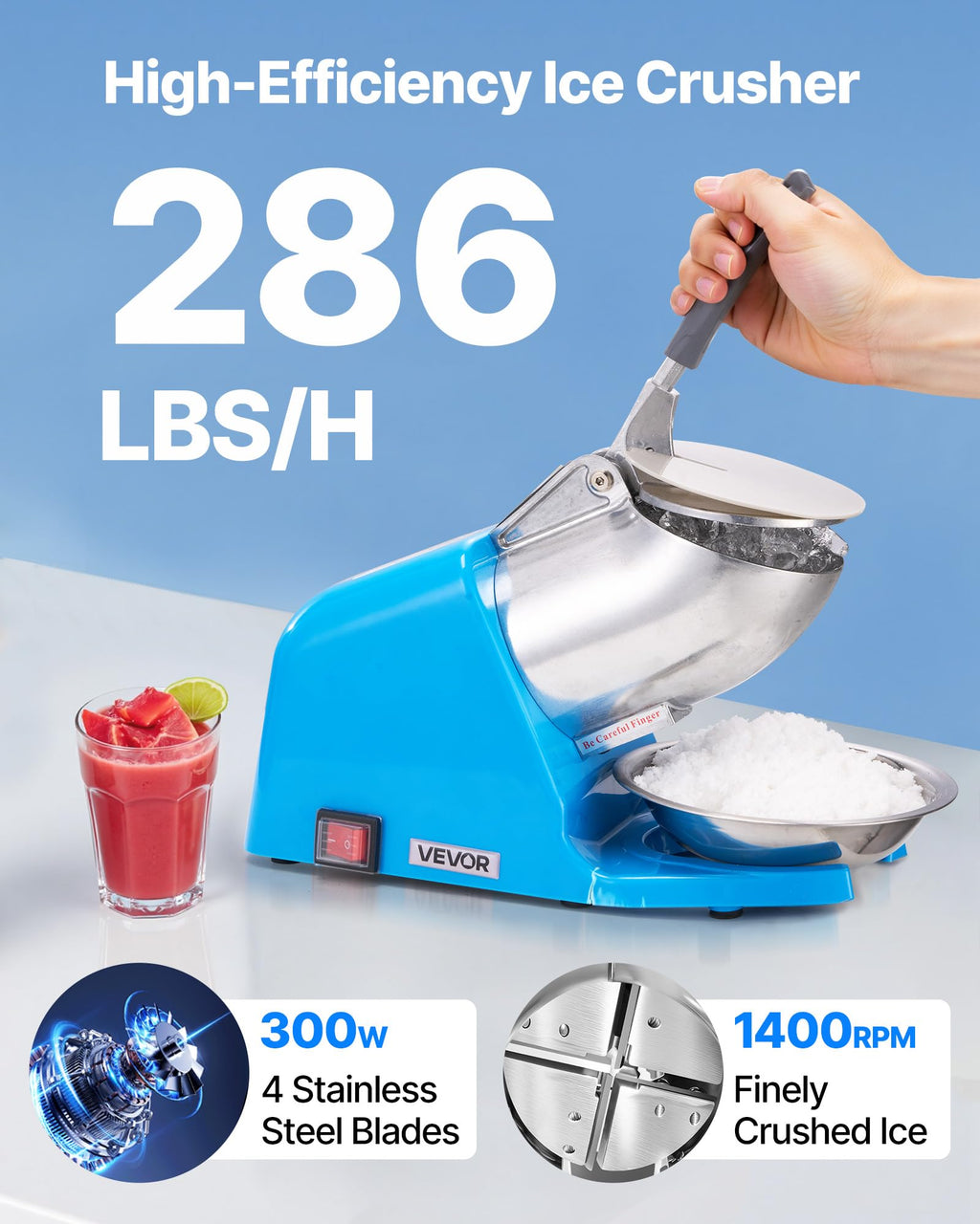 VEVOR Ice Crusher Machine, 286lbs Per Hour Electric 4 Blades Snow Cone Maker, Stainless Steel Shaved Ice Machine with Bowl and Cover, 300W 2000RPM Ice-Shaver for Home and Commercial Use, Blue